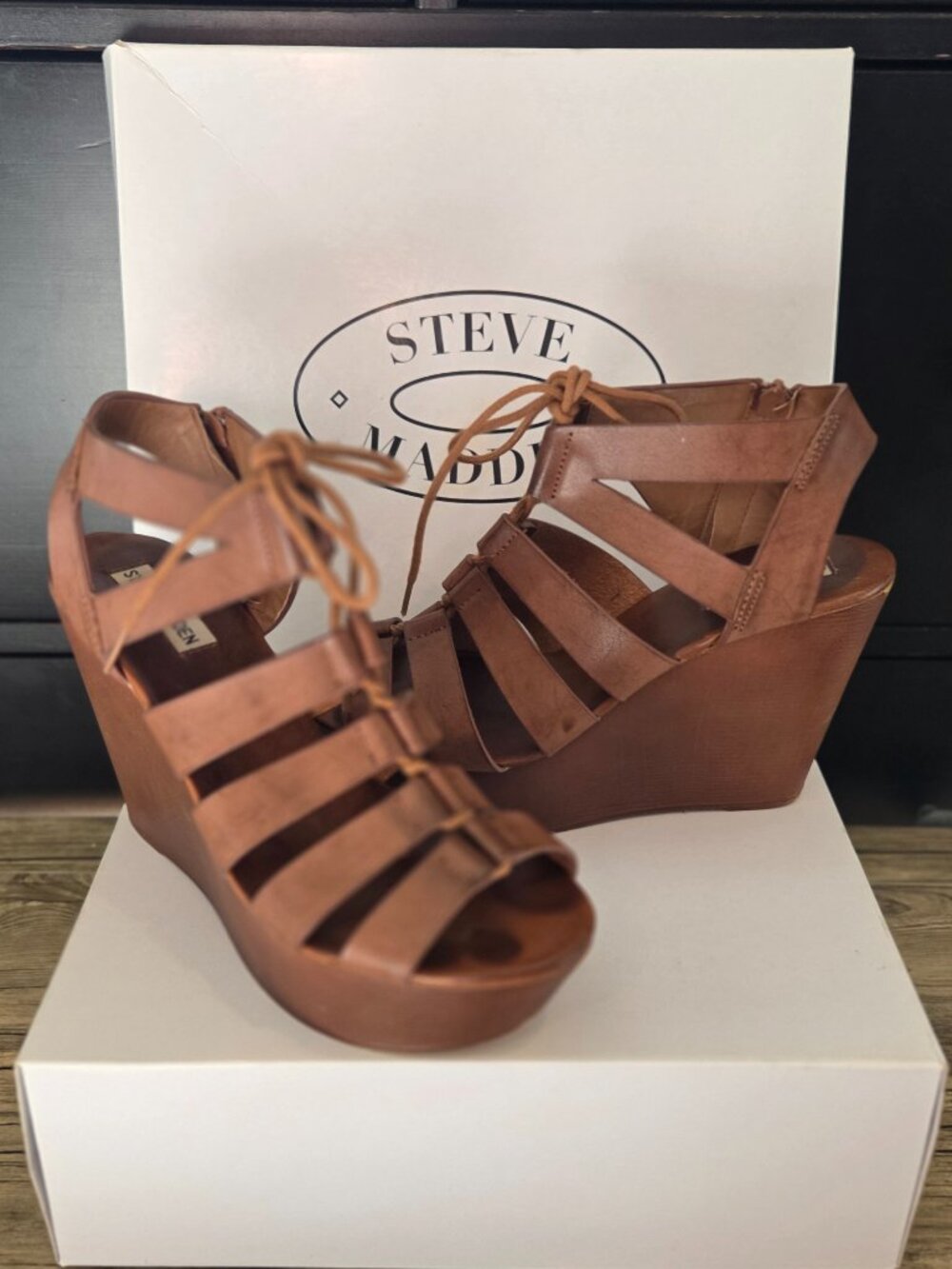 Steve Madden Limmoo Cognac Lace Up Gladiator Wedge Sandals